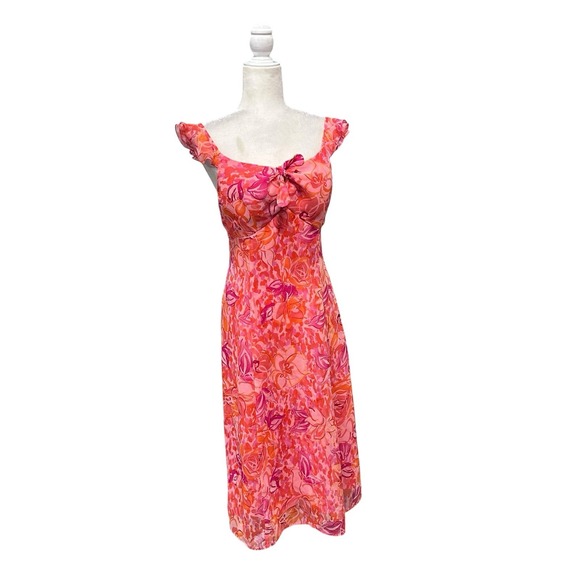 Vtg Womens Chiffon Midi Dress Size 10 Flutter Sleeve Floral Baby Doll Pink Smock - Picture 3 of 13